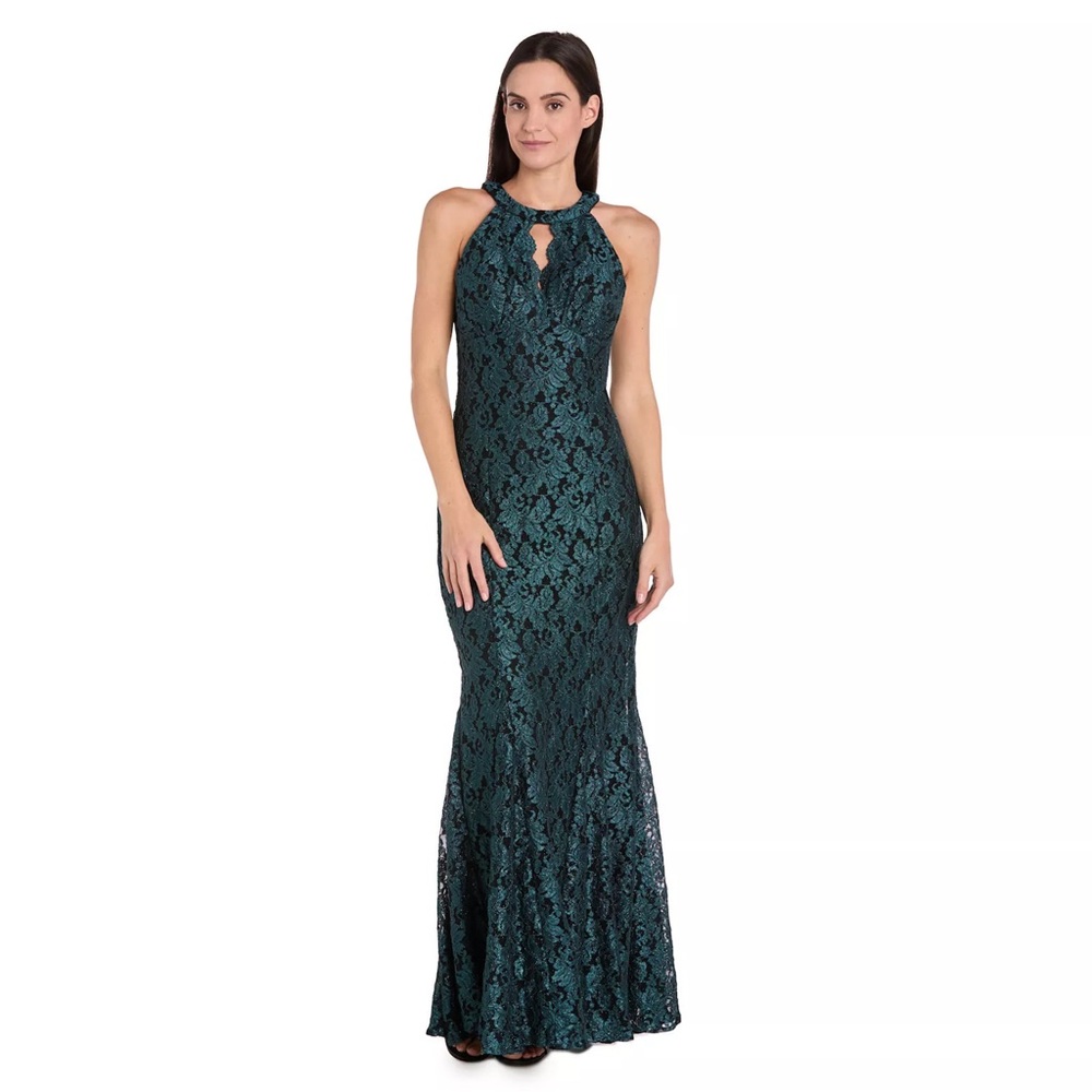 NWT Women's R&M Richards Long Glitter Lace Scalloped Bodice Detail Dress